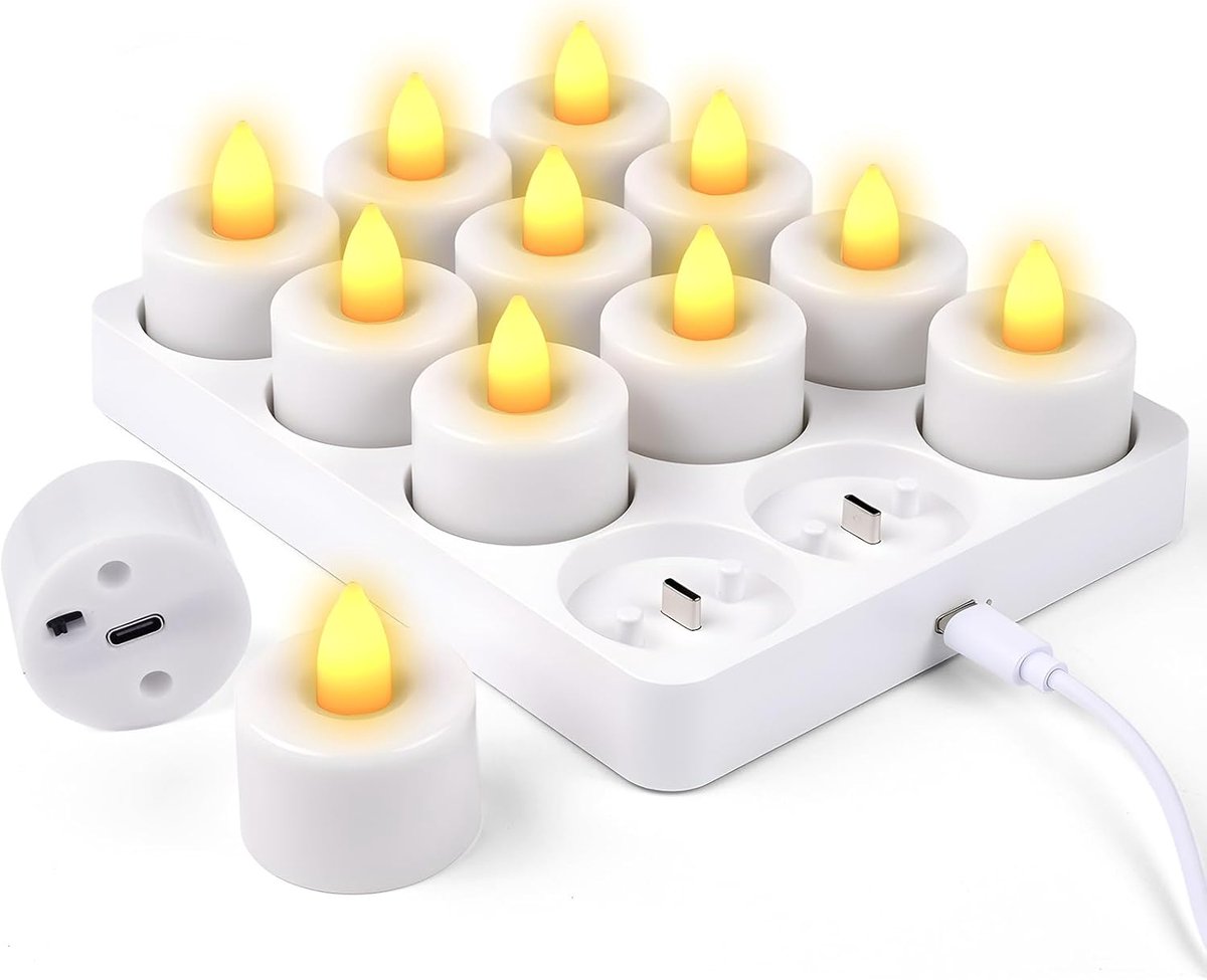 SnelShoppen - Set van 12 Oplaadbare LED-Kaarsen met Laadstation en Afstandsbediening, Realistische Flikkerende Vlam, Timer, Veilige Decoratie voor Hui
