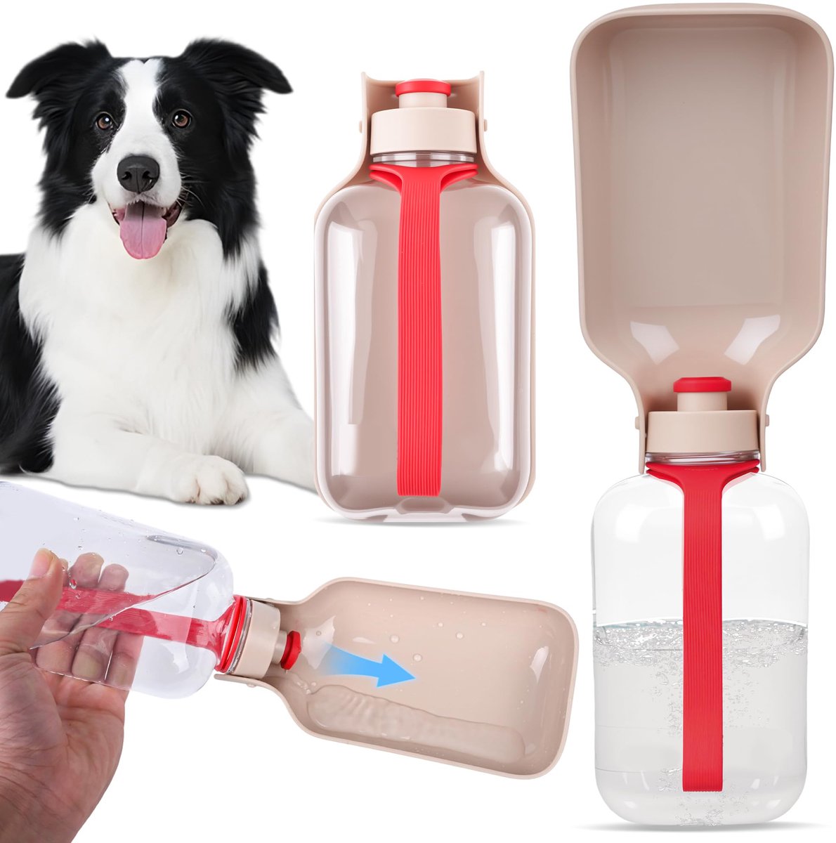 Honden Drinkfles - 550ml Grote Capaciteit Honden Waterfles - Draagbare Reisfles Met Opvouwbare Drinkbak - Lekvrije Puppy Drinkbeker Voor Wandelen Reizen Kamperen - Compact Formaat 19.5x6x10cm - Beige