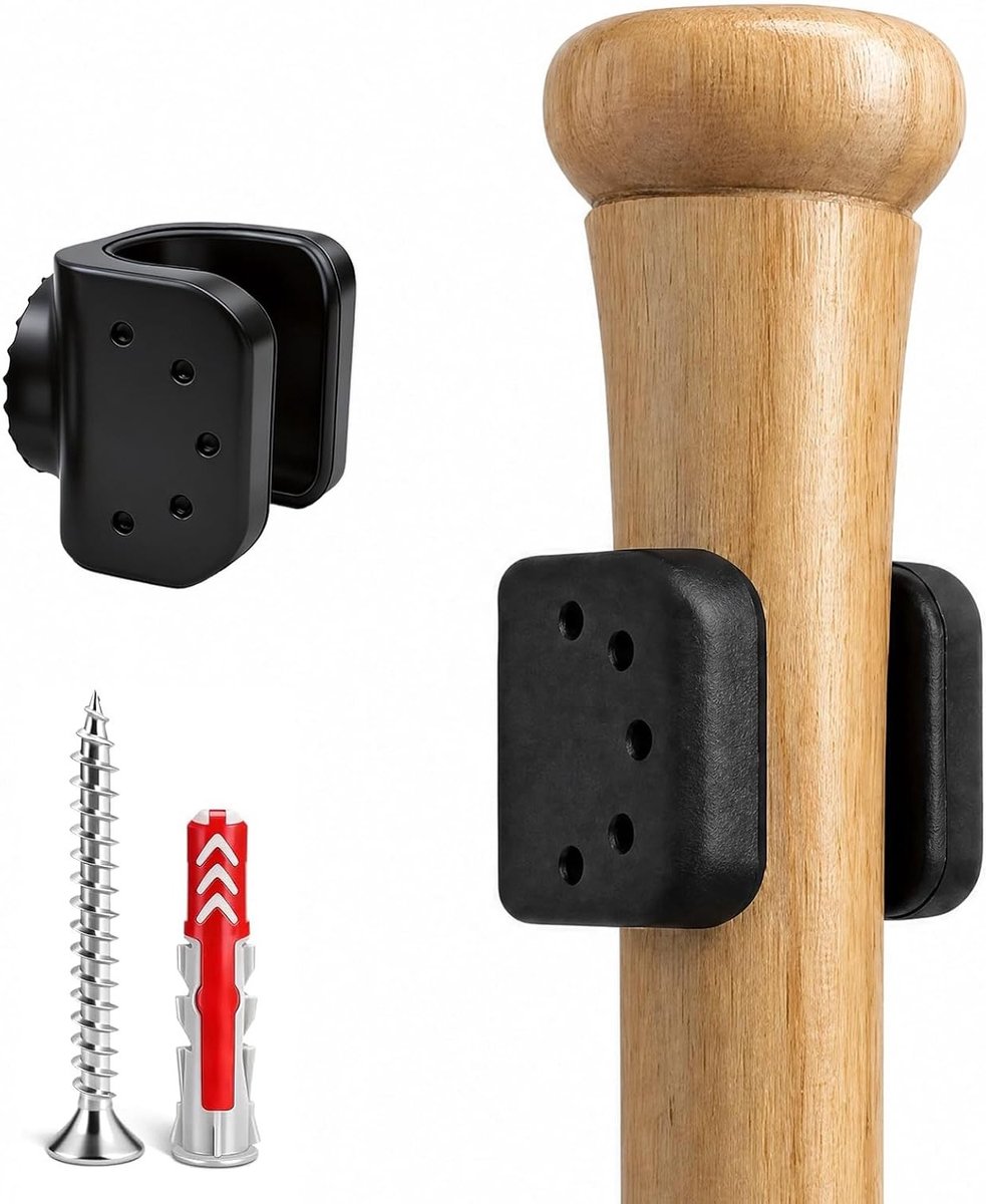 Honkbalknuppelhouder 30-36 mm voor wandmontage, stevige en duurzame houder met schroeven en pluggen, voorkomt krassen en beschadigingen, zwart