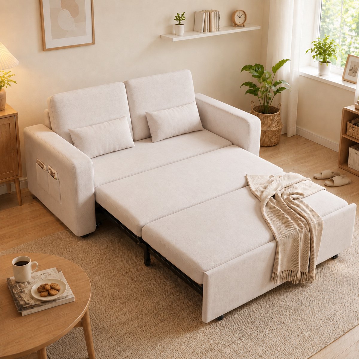 Xbro Slaapbank 2 persoons,3-in-1 Opvouwbare Bank en Bankstel met Slaapfunctie,Comfortabele Zetelbed en Tweepersoonsbed voor Woonkamer en Slaapkamer,Beige