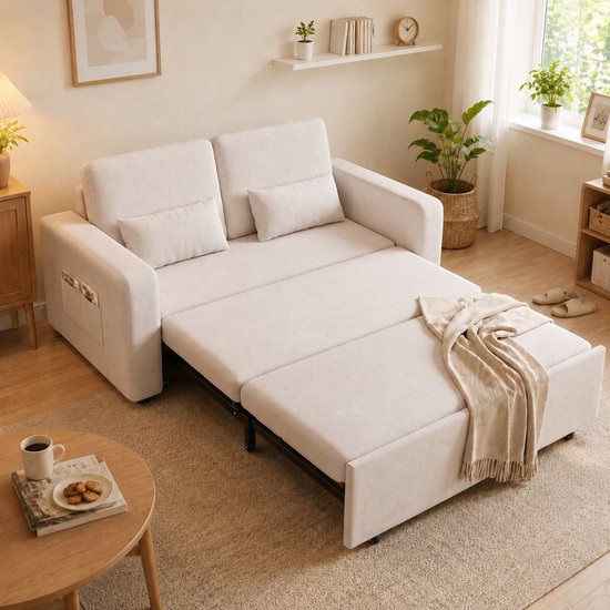 Xbro Slaapbank 2 persoons,3-in-1 Opvouwbare Bank en Bankstel met Slaapfunctie,Comfortabele Zetelbed en Tweepersoonsbed voor Woonkamer en Slaapkamer,Beige