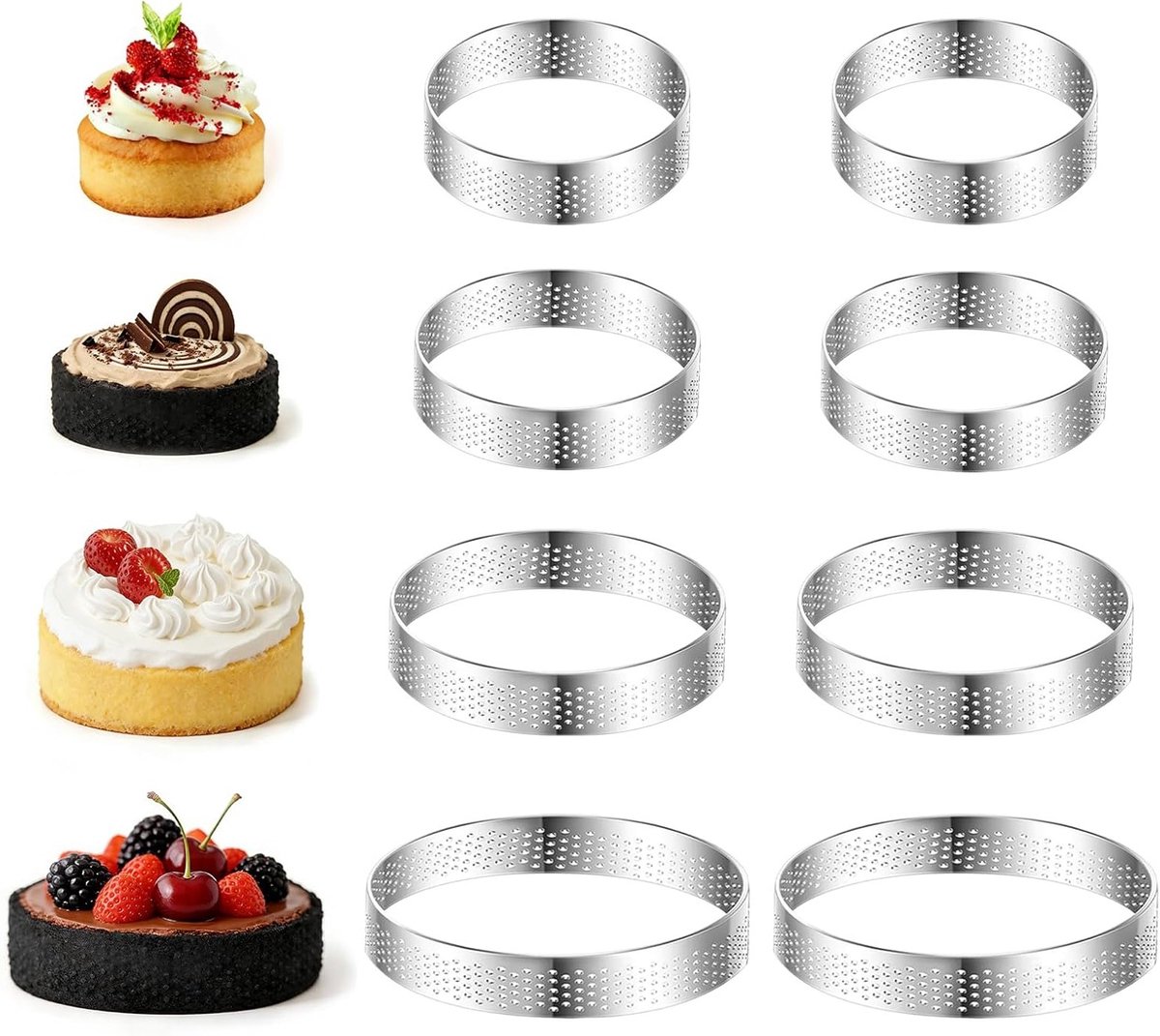 Set van 8 ronde taartvormen van roestvrij staal met gaten, ideaal voor muffins, mini pizza's en taarten, hoogte 2 cm, diverse diameters van 5 tot 10 cm