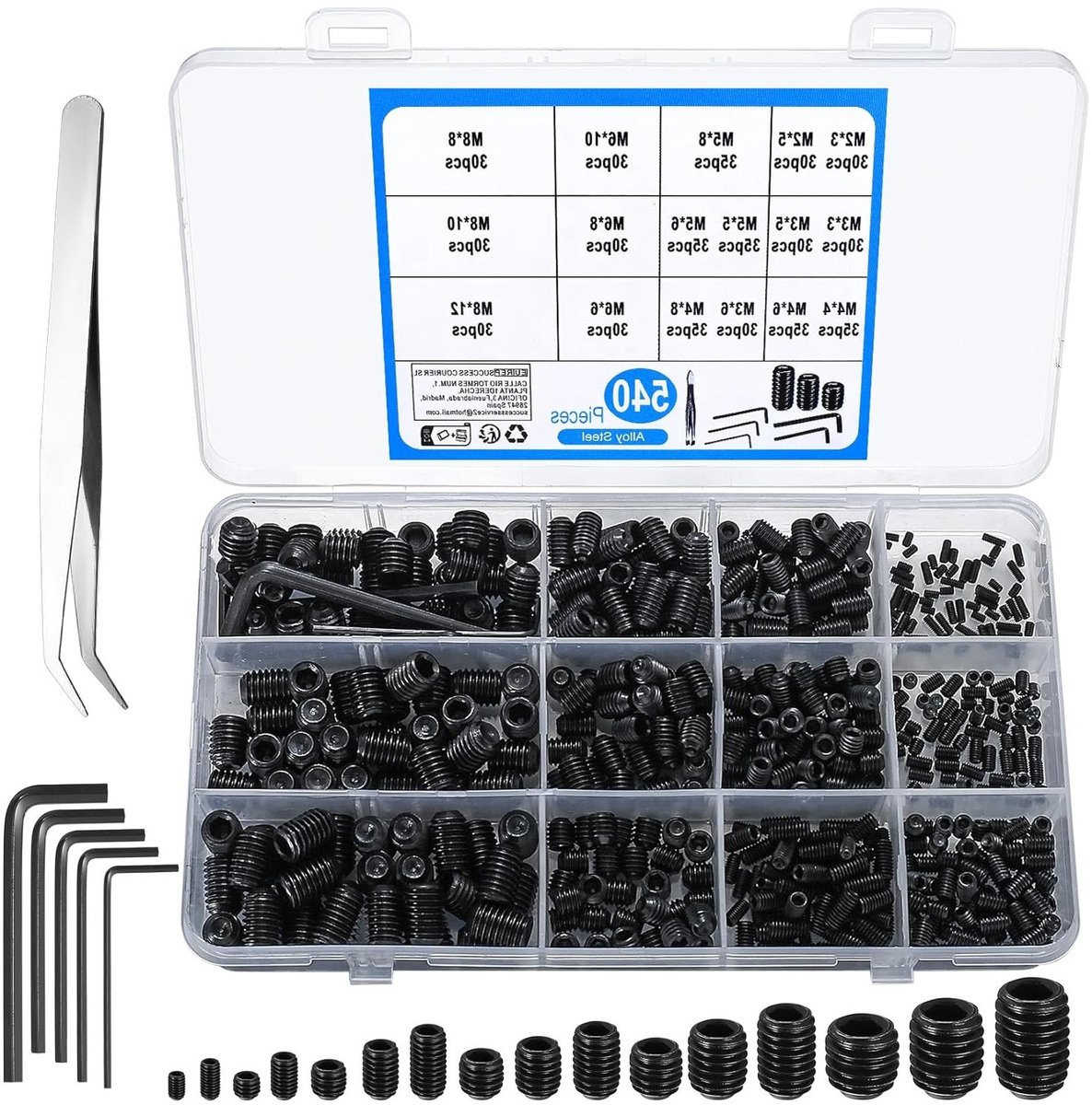 Set van 540 Stuks Hex Head Schroeven M2 M3 M4 M5 M6 M8 - Assortiment van Legering Stalen Schroeven voor Deuren en Meubels