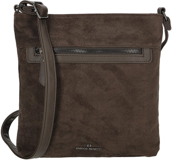 Donkerbruine, suède crossbodytas met een ritsvak aan de voorkant en een logo.