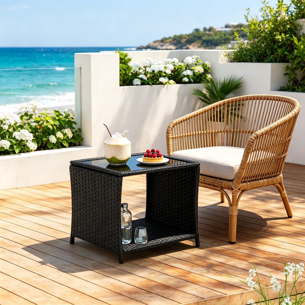 MIVRAY Tuintafel - Compacte Bijzettafel Met Opbergruimte En Glasblad - Voor Tuin Balkon En Terras - Polyrattan Zwart - 45x45x40 Cm