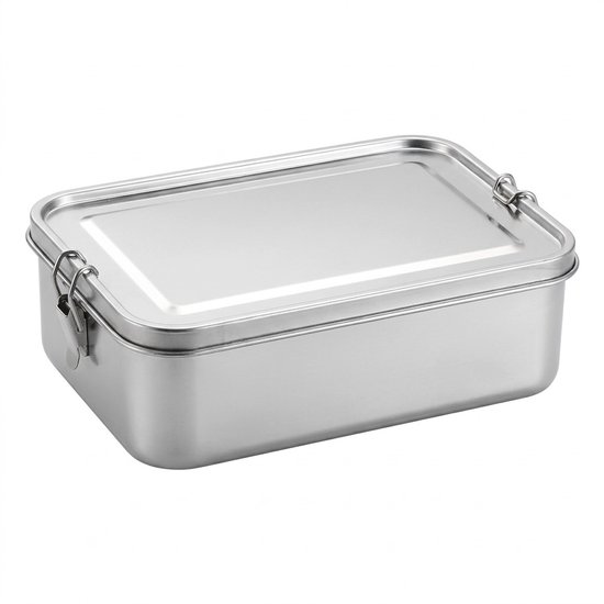 Zilverkleurige RVS lunchbox met clipsluiting, op een witte achtergrond.
