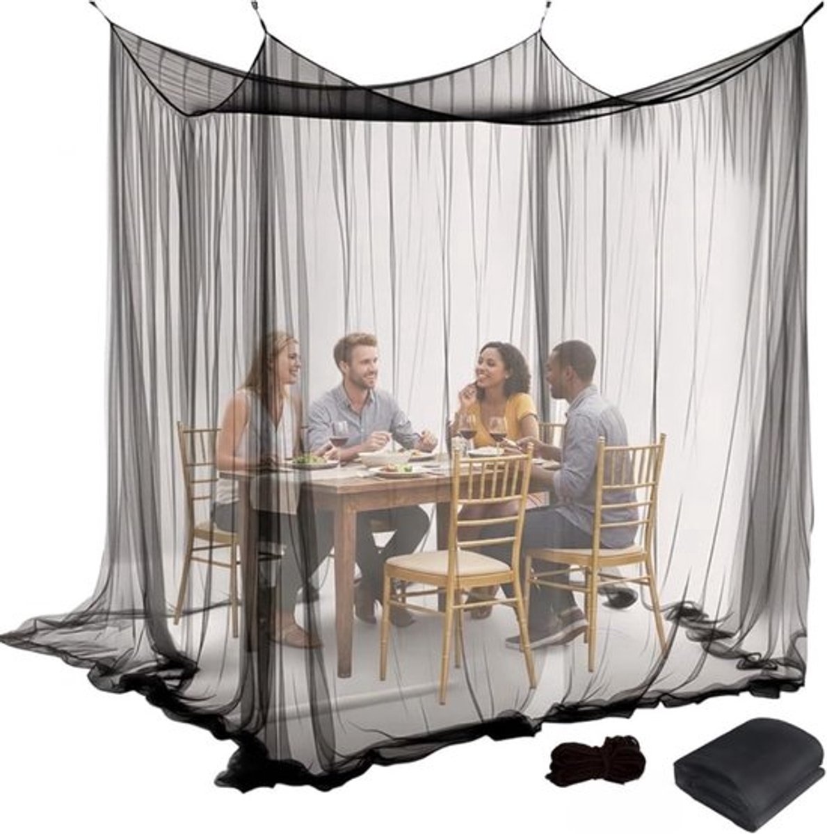 KZQ Zwart Xxl Muggennet Voor Buiten 300x300x250 Cm Met 16 Meter Bevestigingstouw – Geschikt Voor Kamperen, Picknick En Tuin