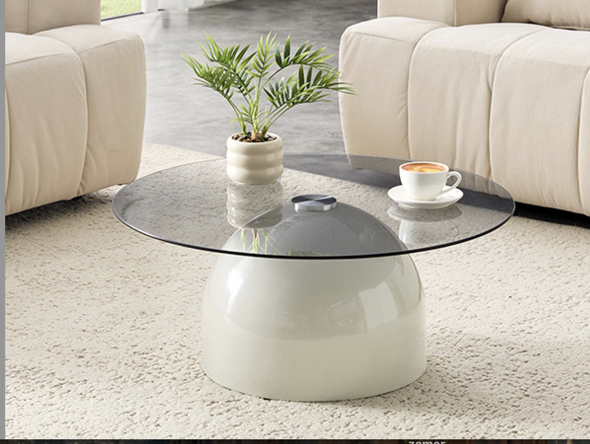 Ronde glazen salontafel met koolstofstalen voet, Ø 70 cm, moderne salontafel voor woonkamer & café