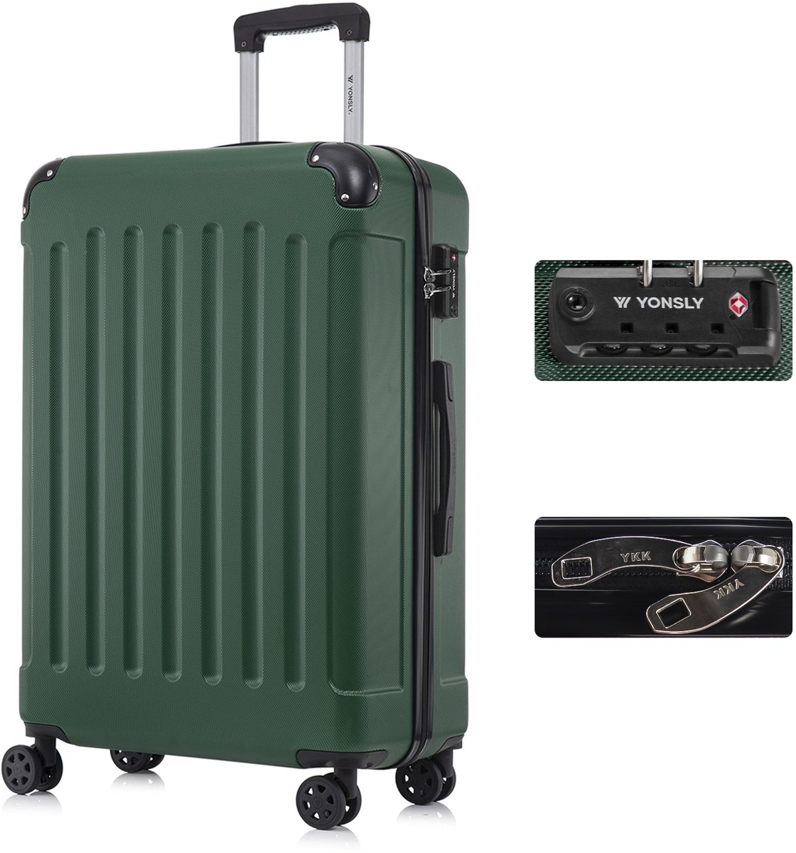 YONSLY Handbagage Koffer - 76 x 49 x 29 cm - 98 L - TSA Slot - 360° Draaibare Wielen - Grote Trolley - Donkergroen