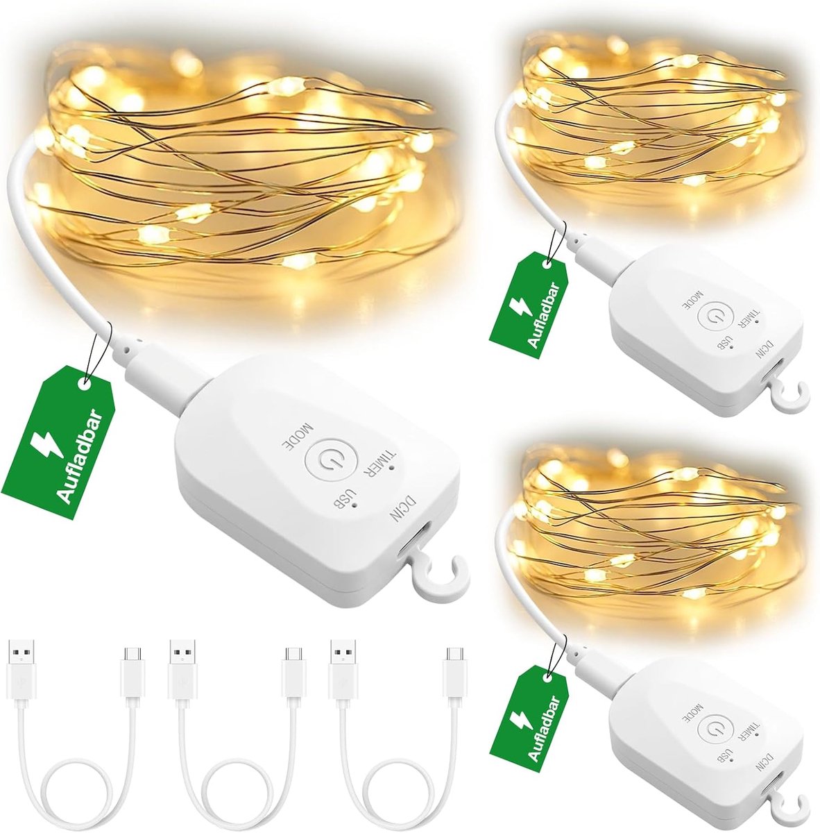 SnelShoppen - Mini Oplaadbare Sfeerverlichting met Timer, 2 m, 20 Warm Witte LED's, Waterdicht, 8 Verlichtingsmodi, Ideaal voor Kerst, Bruiloft, Feest