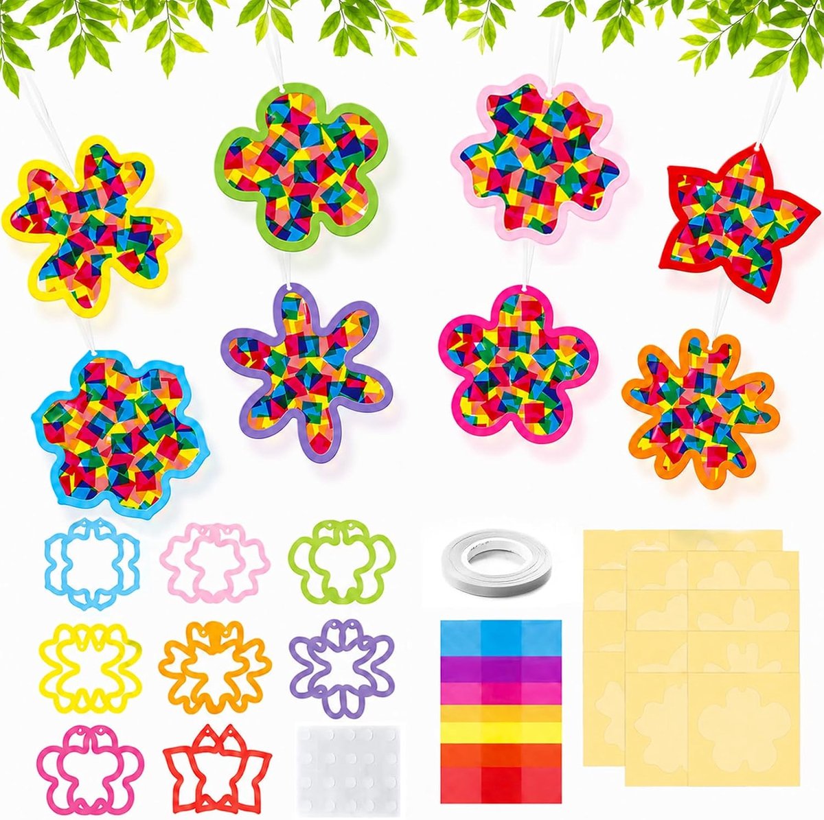 SnelShoppen - Raamfoto's Lente Doe-Het-Zelf Set 16 Stuks Bloemen Raamdecoratie met Transparant Papier, Plakfolie en Koord voor Kleurrijke Lentedecorat