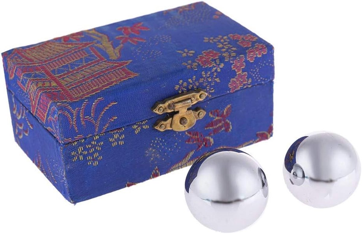 SnelShoppen - Qi Gong Ballen Set - Chinese Anti-Stress Ballen φ 35mm - Stalen Gezondheidsballen - Zen Ontspannings Cadeau Box - Blauw - Traditionele O