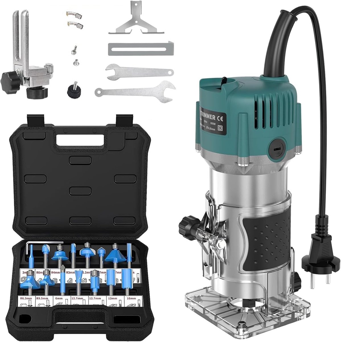 SnelShoppen - Elektrische Houtfrees 800W met 6,35mm Diameter, Professionele Laminaat Frees met 30.000 RPM en 15-delige Houtgroef Frees Set voor Precis