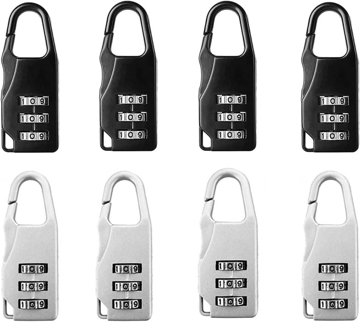 SnelShoppen - Pack van 8 Combinatiesloten, Mini Hangslot, 3-Cijferig Combinatieslot, Reis Koffer, Rugzakken, Losse Koffers, Bagage (Wit, Zwart)