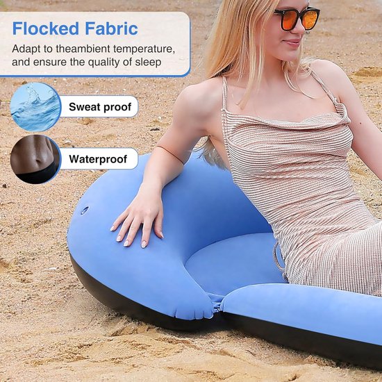 Thijox - Opblaasbare Strandmat 180 x 75 cm met Gevlokt Oppervlak en Kussenomlijsting in Blauw voor Perfecte Zomer Dagen op het Strand, Camping of in d — afbeelding 2