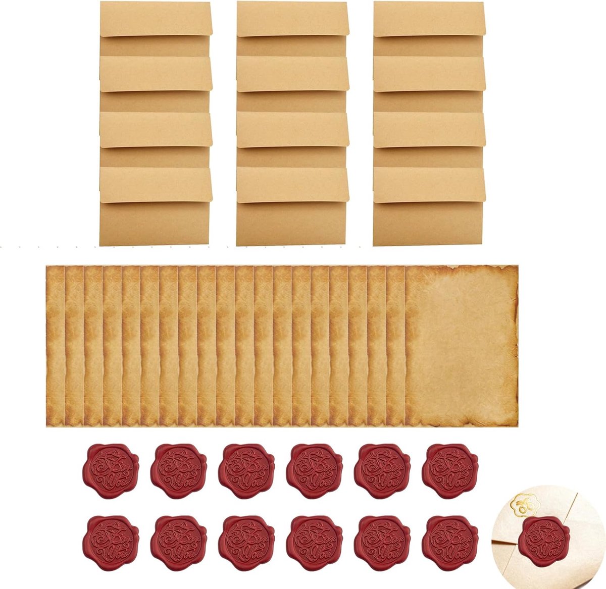SnelShoppen - Vintage schrijfwarenset 40 stuks, retro B6 briefpapierset met 12 kraftpapieren enveloppen en 12 bordeauxrode waszegelstickers voor liefd