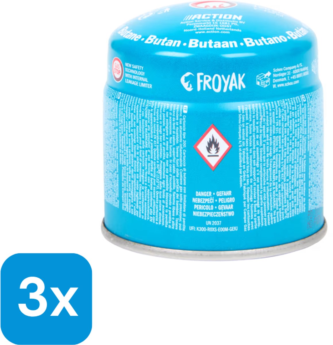 Froyak - 3 Gasblikjes - Voordeelverpakking - 3 stuks x 190 gram - Beveiliging tegen lekkage - Butaan