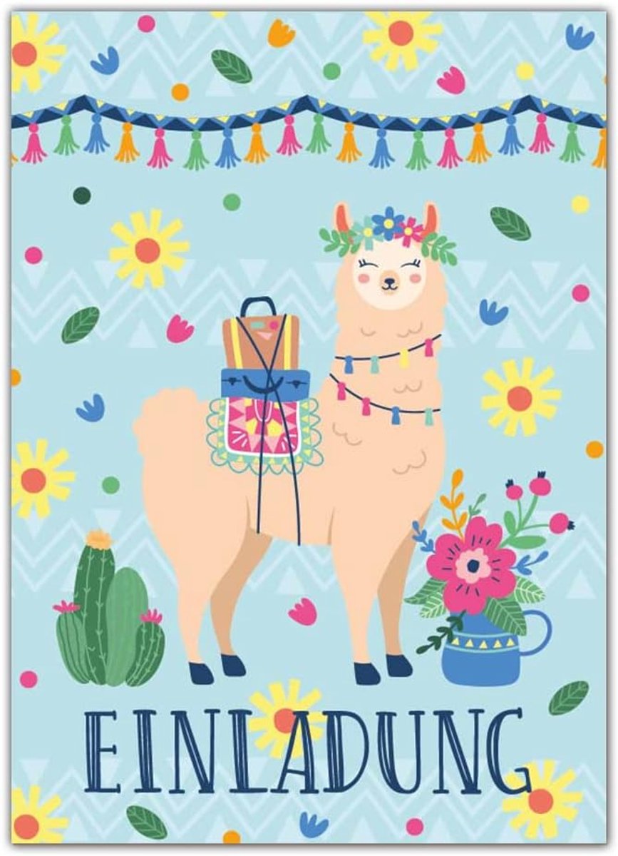 SnelShoppen - Lama Verjaardagsuitnodigingen Kaarten Set van 12 - Kinderfeest, Praktische Uitnodigingen, 10.5x14.8 cm, Fotoprint, UV Coating, Made in G