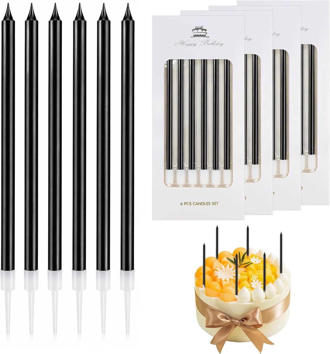 SnelShoppen - 24 Stuks Zwarte Verjaardagskaarsen met Stand, Lange en Dunne Cakekaarsen voor Verjaardagen, Bruiloften en Graduaties