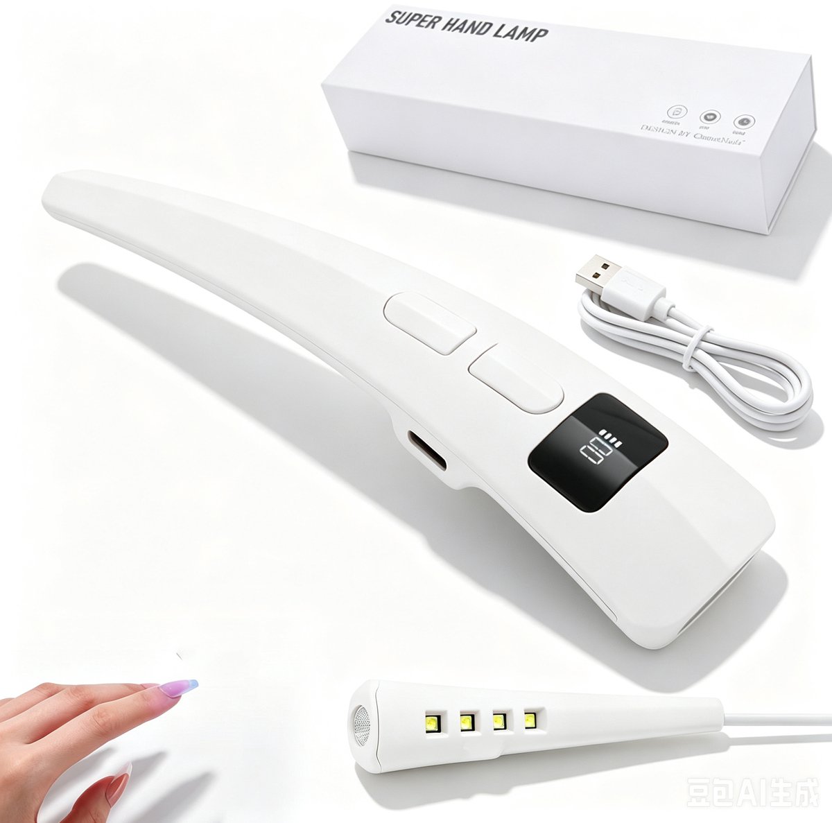 Compacte draadloze UV/LED nageldroger met digitaal display, 45 seconden timer en krachtige 395+405nm LED-lampen voor snelle uitharding van gellak, ideaal voor thuisgebruik en professionele manicure.