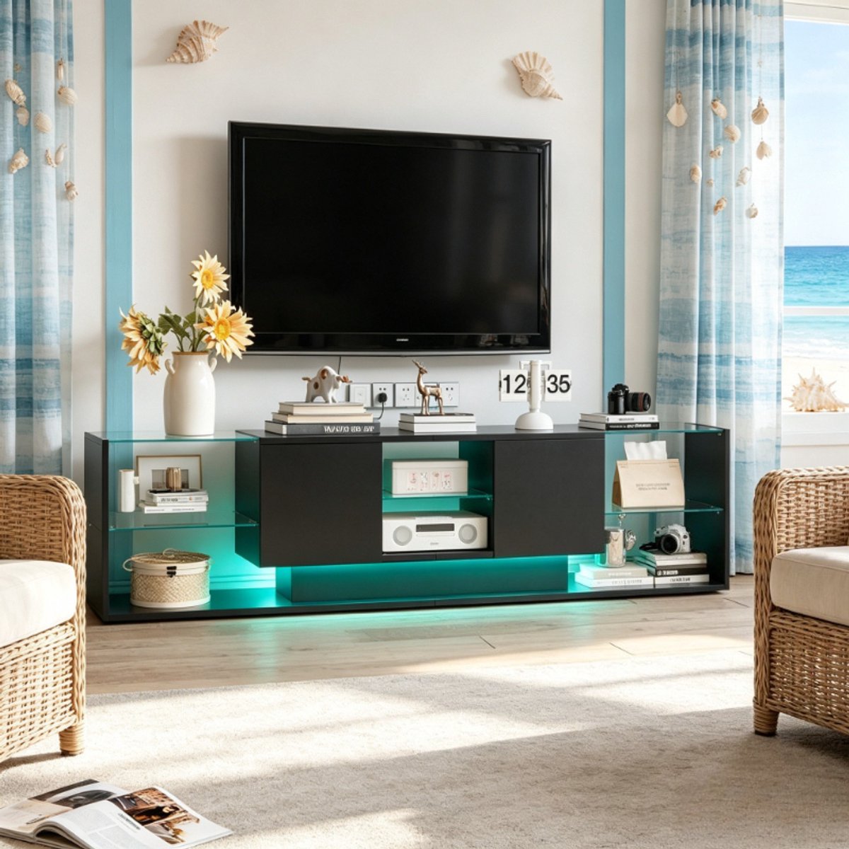 Tv meubel 200x35x45 cm met led verlichting, moderne tv kast voor woonkamer met 2 lades en open opbergvakken, hoogglans design kast van mdf en glas, zwart
