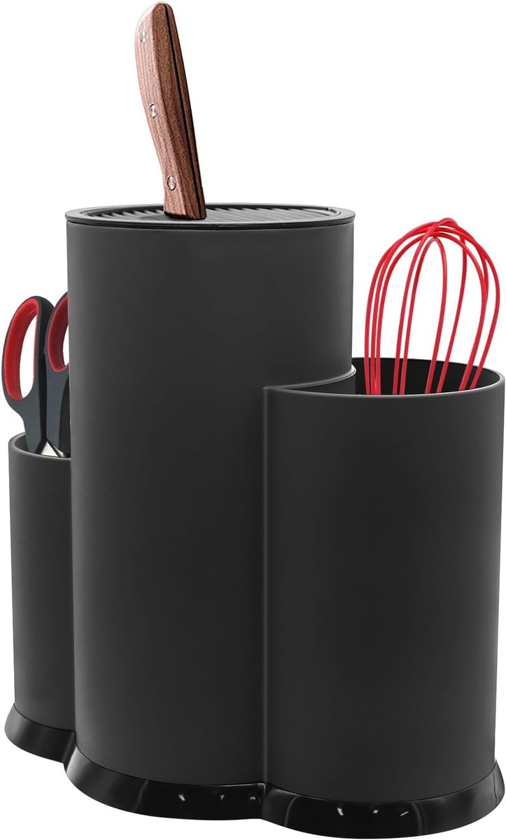 Thijox - Messenblok zonder messen, 3-in-1 keukengereihouder, zwart, multifunctionele messenhouder van hoogwaardig PP-materiaal, ruimtebesparend, gesch