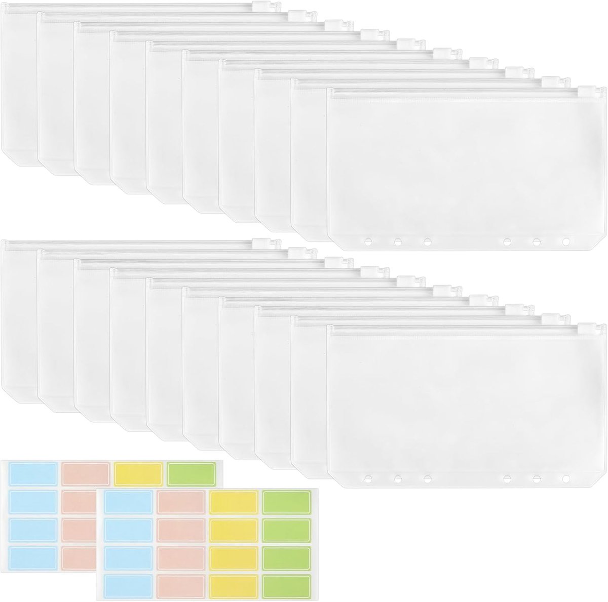SnelShoppen - 20 A6-mappen met 6-gaats ritssluiting, kunststoffen bindtassen met 32 labelstickers, perfect voor notitieboeken, planners, en organisati