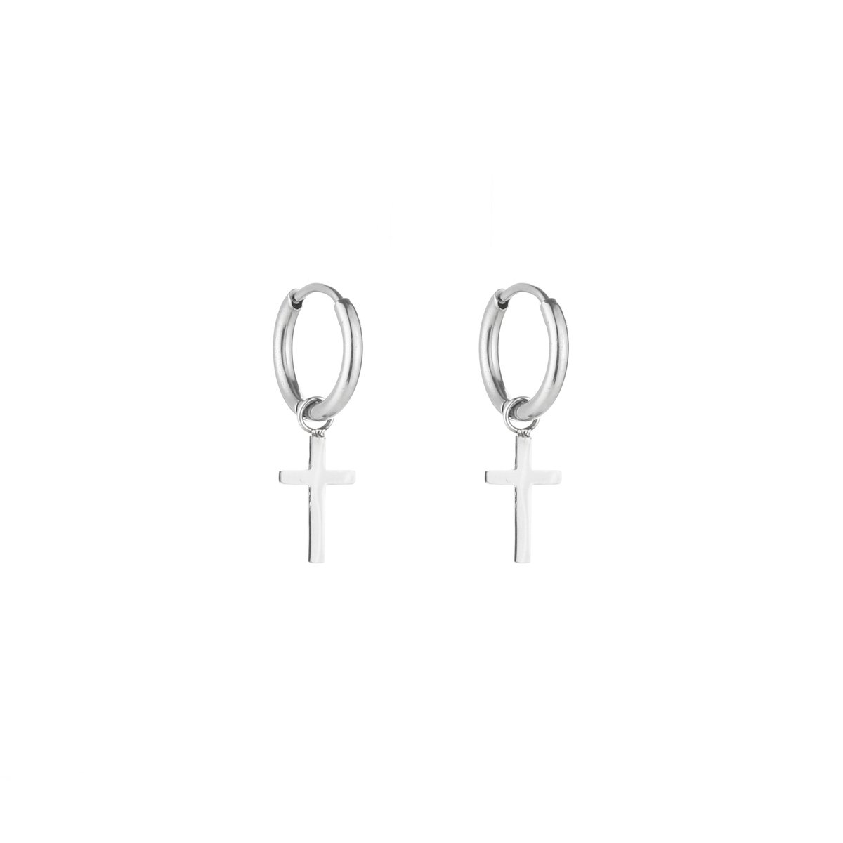 Stainless Steel Bedel Oorringen met Kruis – Eigentijdse & Stoere Oorhangers – RVS - Zilver