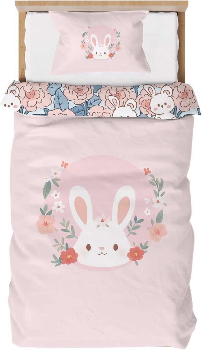 Thijox - Omkeerbaar Dekbedovertrek 120 x 150 cm voor 1 Persoon, Microvezel Beddengoedset met Konijntje, Inclusief Kussensloop 40 x 60 cm, Perfect voor