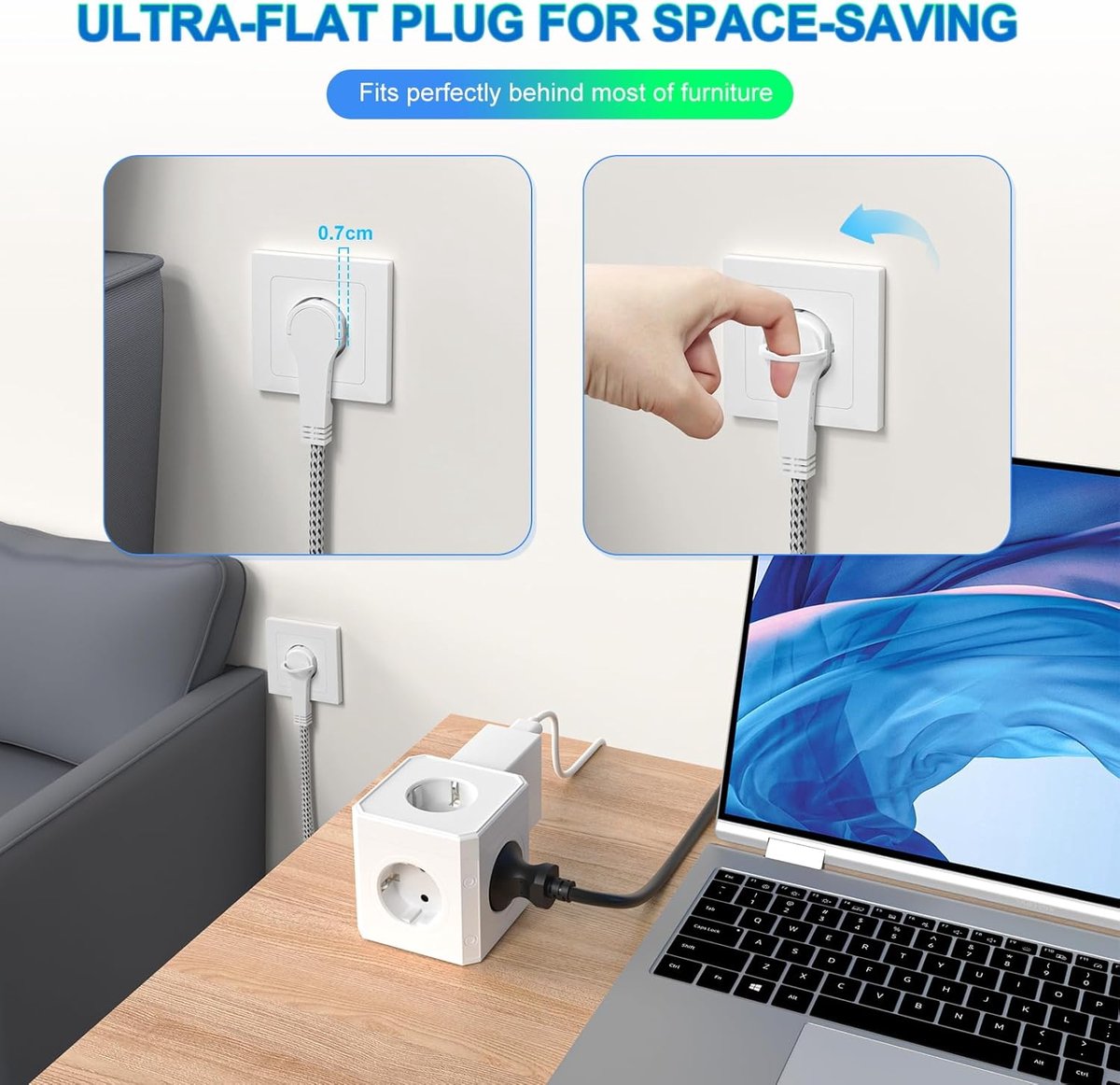 Thijox - Meervoudige Stekkerdoos 5-voudige Power Strip met Platte Stekker, 3 m Kabel, Wit, Voor Thuis, Kantoor, Camping, Geschikt voor Duitsland, Fran