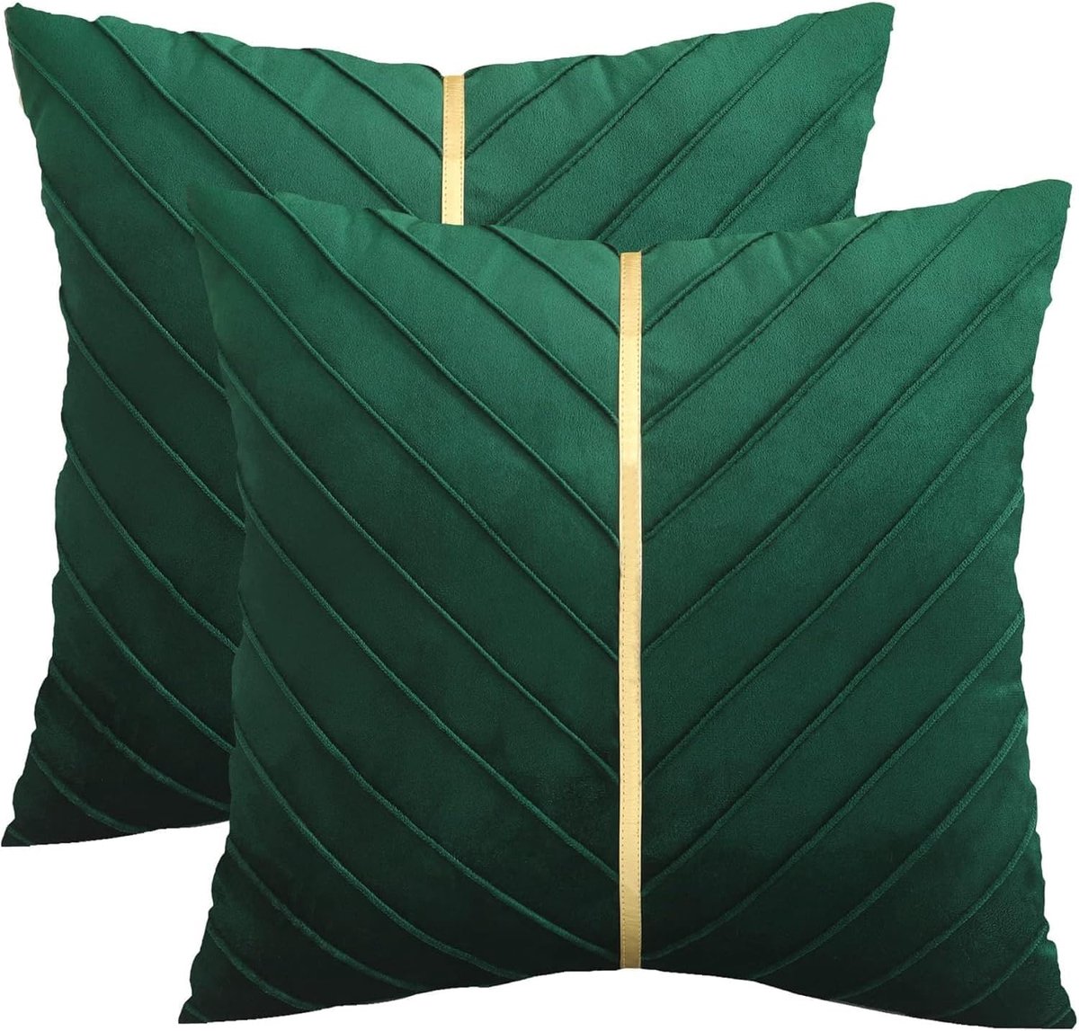 Thijox - Donkergroene fluwelen sierkussenhoezen set van 2, luxueuze moderne kussenslopen voor woonkamer, slaapkamer, auto, 45,7 x 45,7 cm, met goudkle