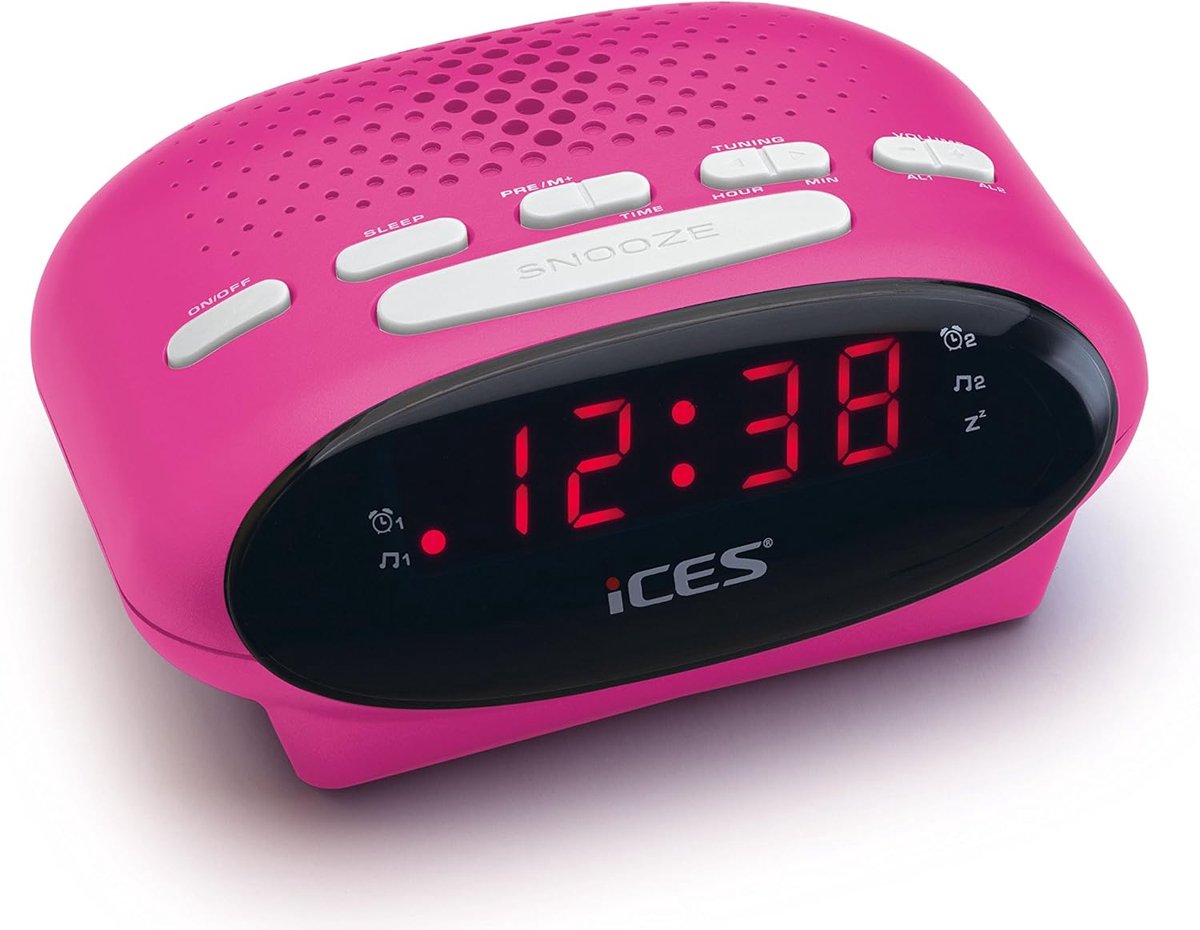 SnelShoppen - FM Wekker Radio met Snooze Functie, 2 Wektijden, Slaap Timer, LED Display, Roze, Ideaal voor Thuis en Kinderen