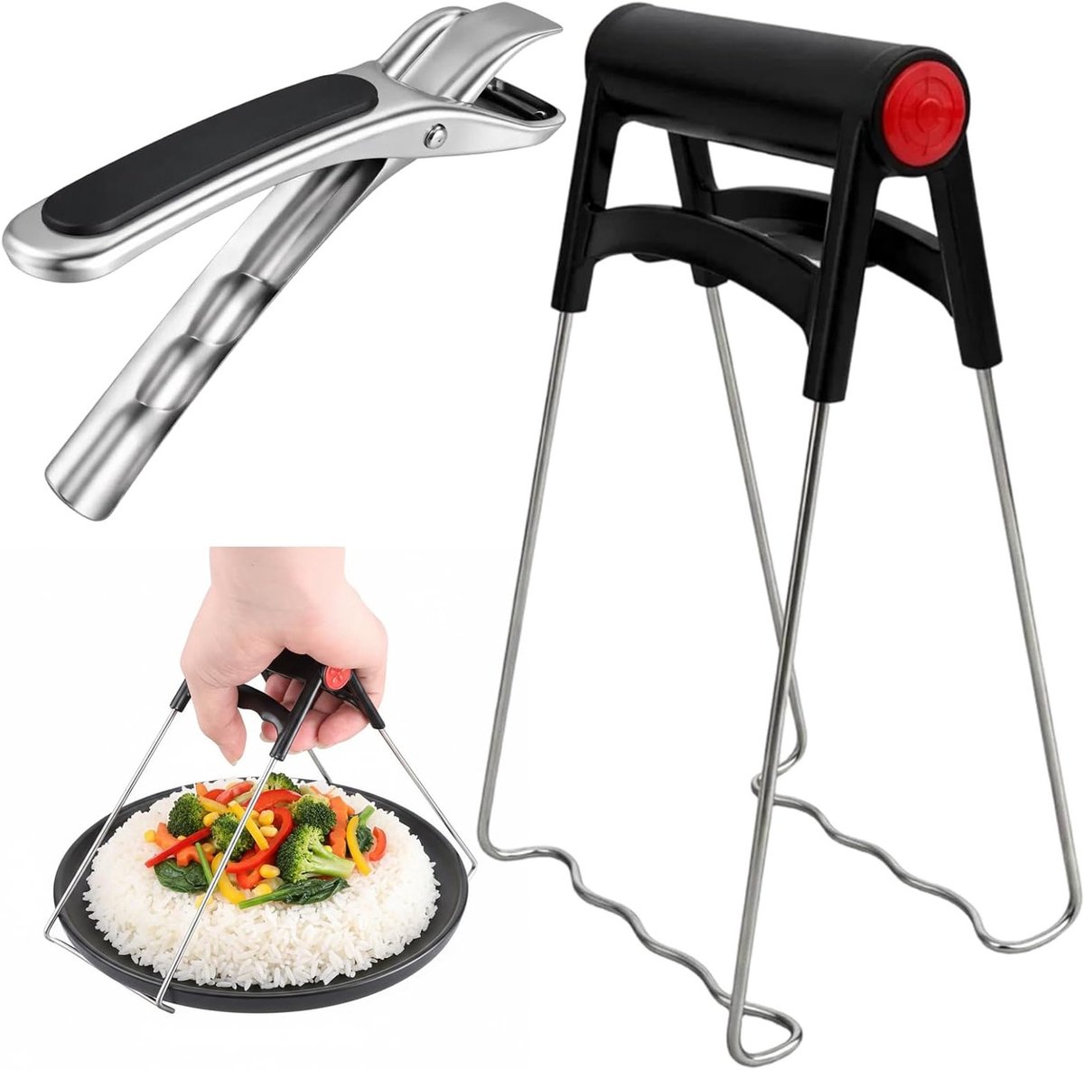 2 stuks anti-hete komselclips voor heteluchtfriteuse, roestvrijstalen tang, antislip keukenaccessoire voor hete schotels en borden, zwart
