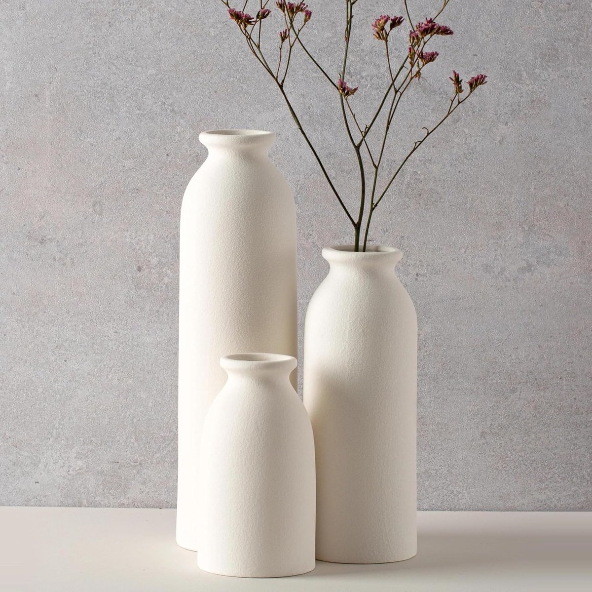 SnelShoppen - Set van 3 Moderne Witte Keramische Vazen - Decoratieve Bloemenvazen in Diverse Maten - Scandinavisch Design voor Verse en Gedroogde Bloe