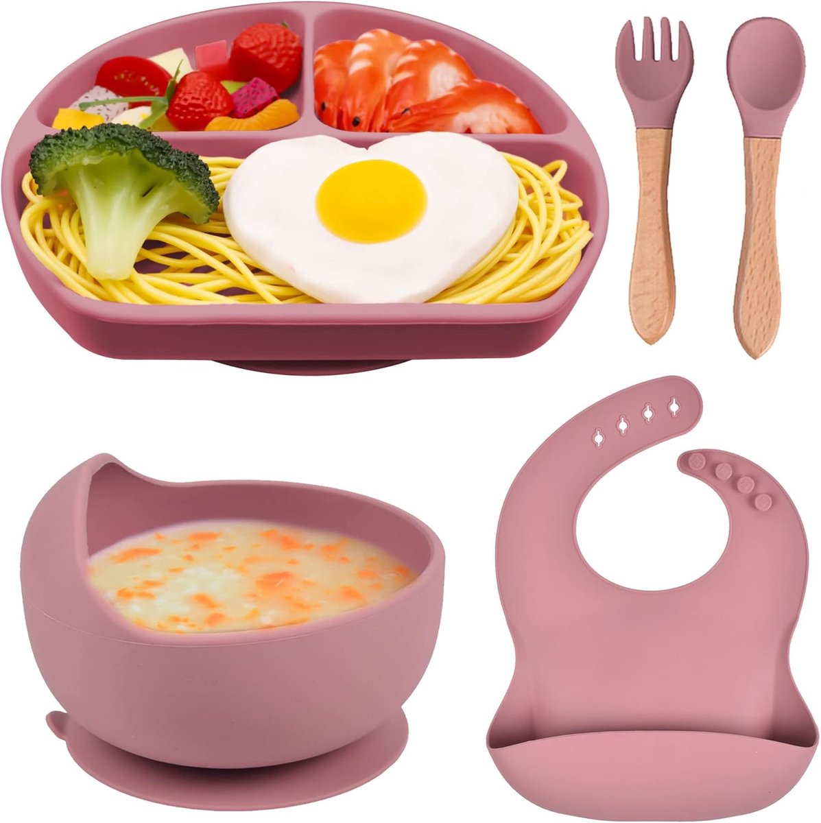 SnelShoppen - Silicone Baby Plate met Zuignap - 5-delige Kindertafelset - BPA-vrij - Roze - Babyvoeding Set - Kinderen Eten - Keuken - Bamboe Lepel en