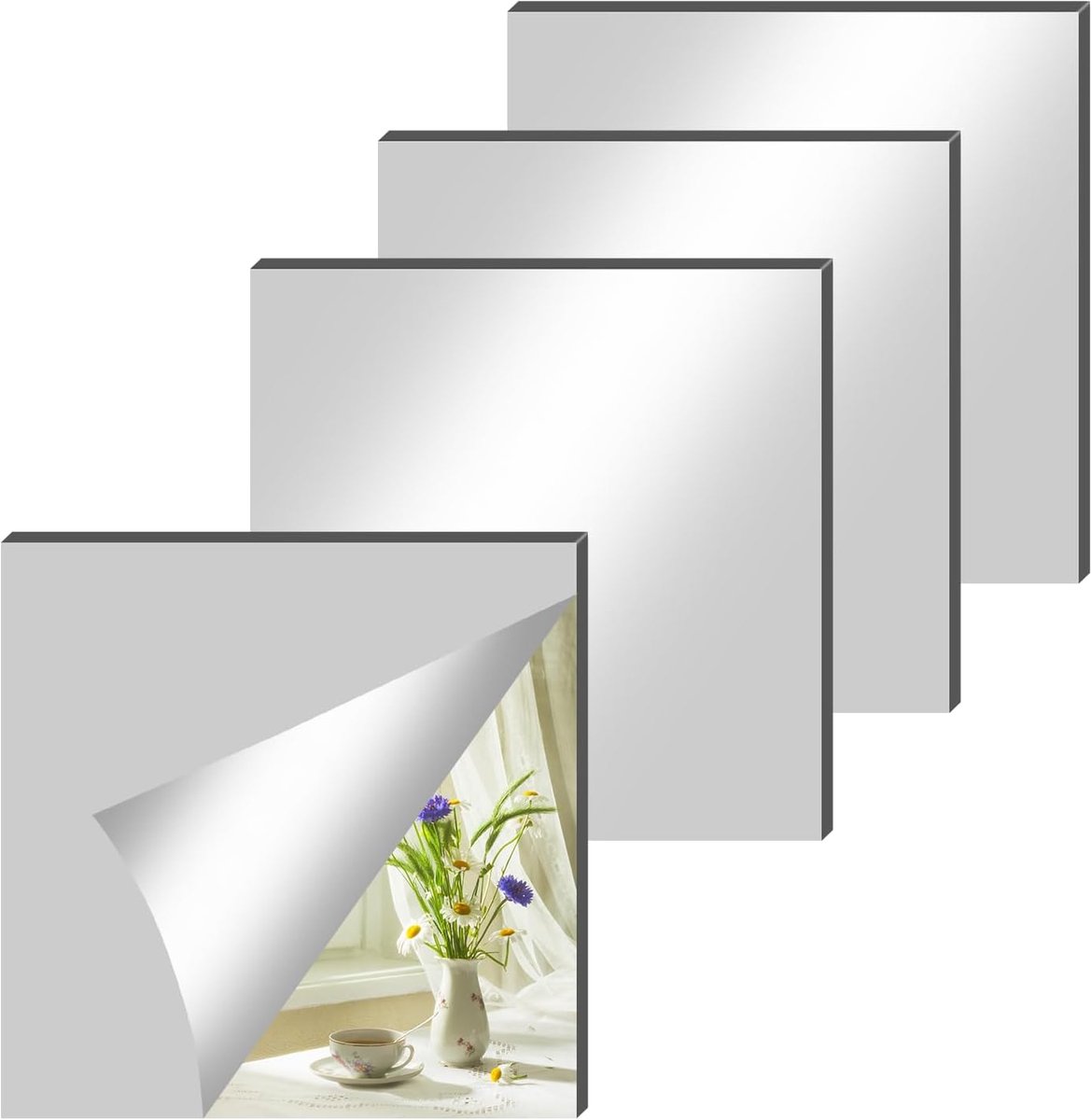 SnelShoppen - 4 Stuks HD Glass Zelfklevende Spiegeltegels 20x20 cm, Decoratieve Wandspiegels voor Slaapkamer, Woonkamer, Badkamer, Kledingkast, Deur,