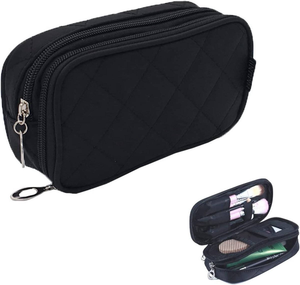 SnelShoppen - Travel Makeup Bag met Borstelcompartiment - Multifunctionele Organiser - Dubbele Laag - Waterdichte Cosmetica Tas voor Vrouwen - Zwart -