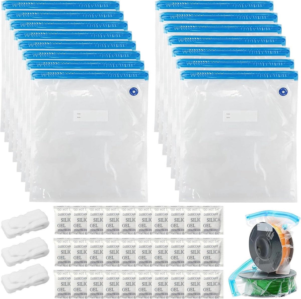 SnelShoppen - 15 Stuks Vacuumzakken voor Filament - Geschikt voor PLA, ABS, PETG, TPU - 34x30cm - Inclusief 30 Vochtbestendige Clips - Herbruikbare Kw