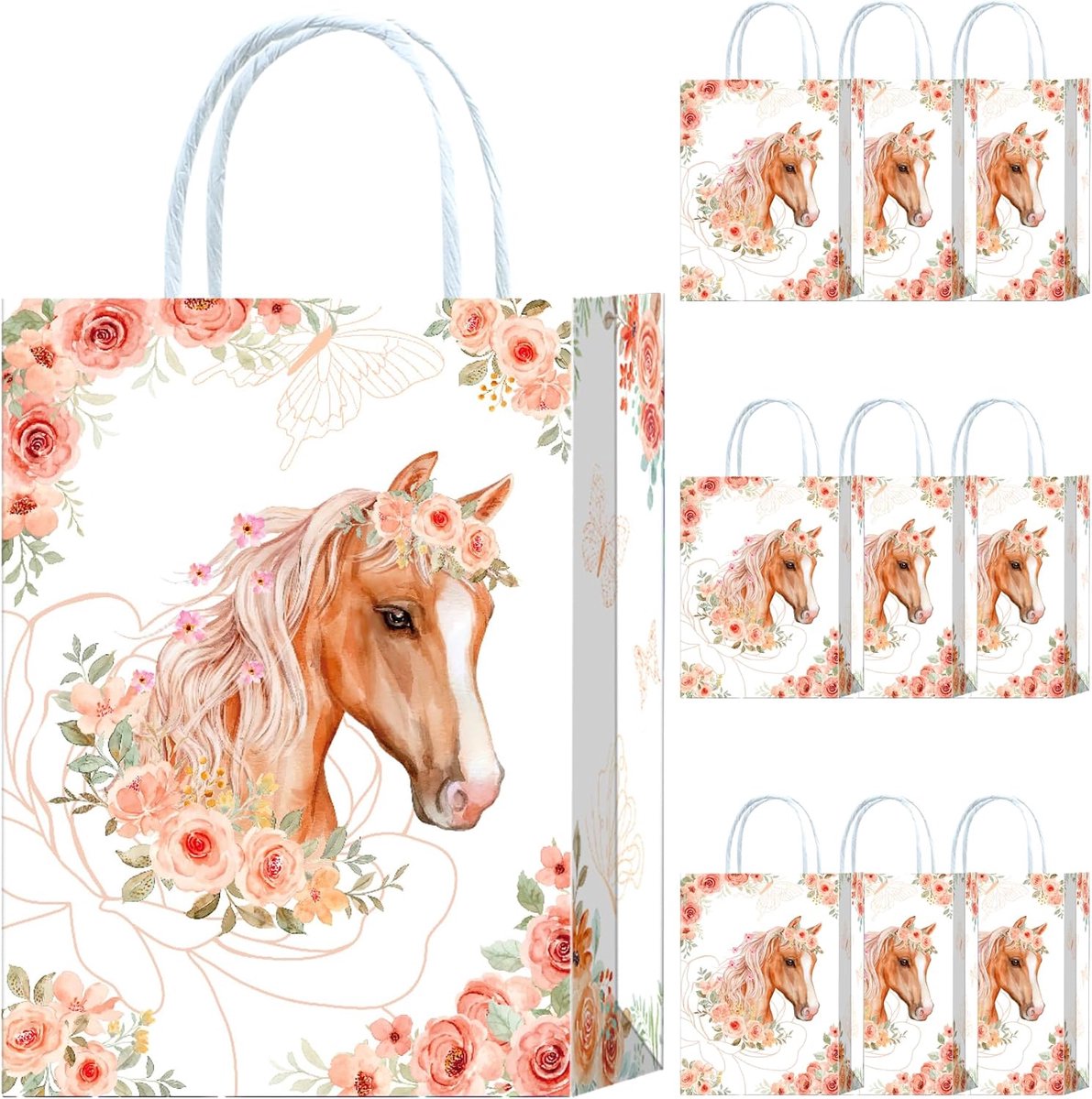 SnelShoppen - 10 Stuks Paard Feesttassen, Herbruikbare Kraft Papieren Cadeautassen met Handvat, Paard Thema Verjaardag, Kinder Feest, 21x15x8cm