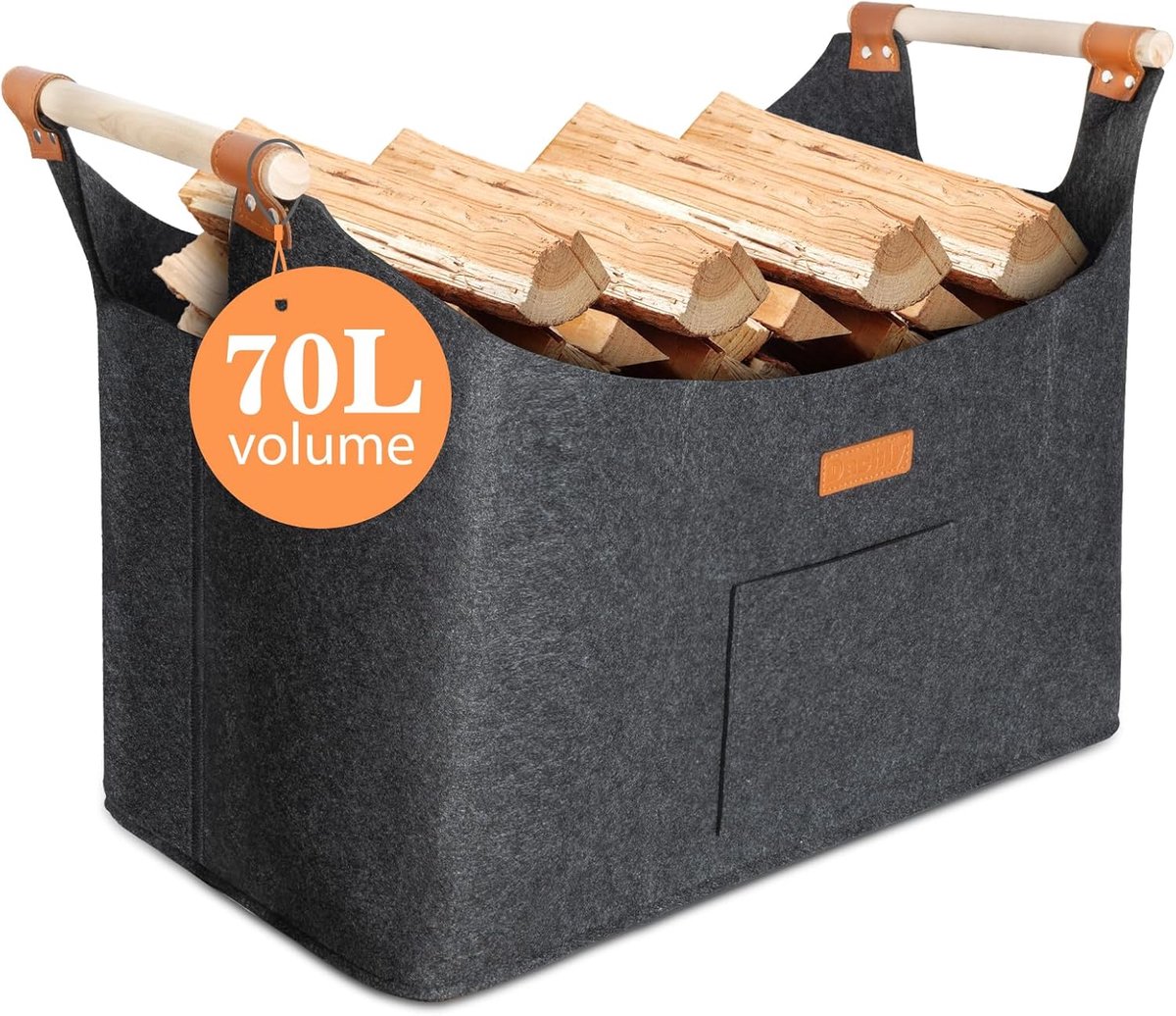 SnelShoppen - Vilten brandhoutmand 70L, 55 x 32 x 40 cm, stevige opbergmand voor hout, speelgoed, kranten, multifunctioneel met handvat, extra dik vil
