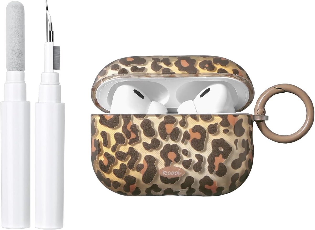 SnelShoppen - Voor AirPods Pro 3 Transparante TPU Beschermcase met Schoonmaakset, Schattig Luipaardpatroon met Sleutelhanger, Leopard Bruin, Draagbaar