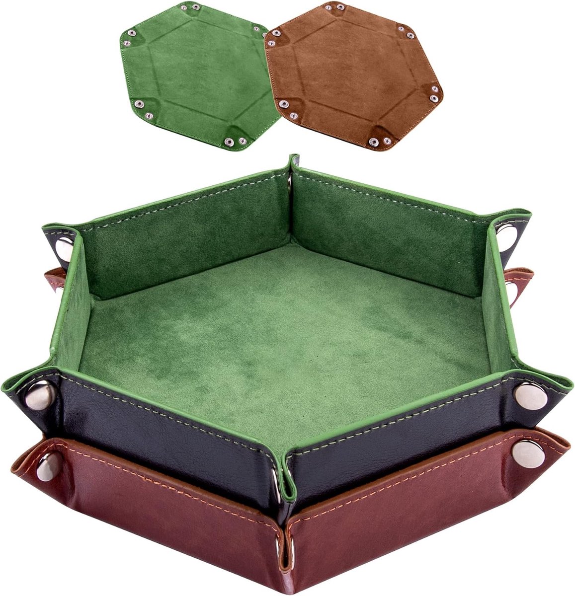 SnelShoppen - 2 Stuks Dobbeltassen Hexagon Vouwtray PU Leer en Velvet voor RPG DND en Tafelspellen - Groen en Kameel