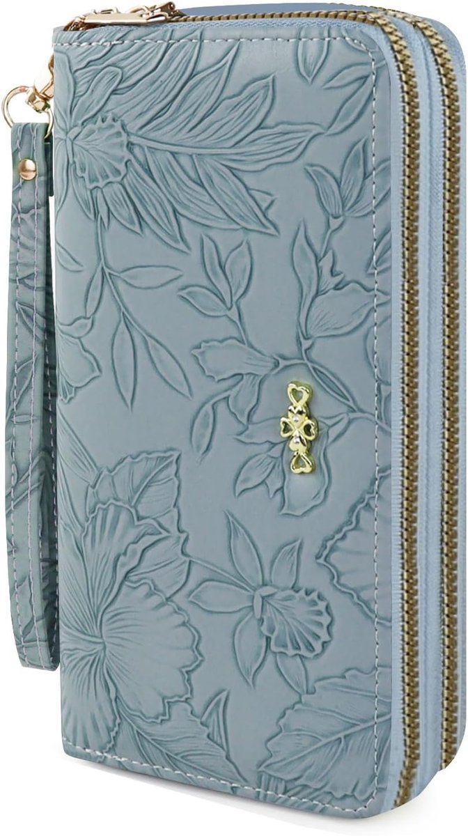 SnelShoppen - Dames Grote Capaciteit Portemonnee Bloemenprint Lange Purse PU Leer Creditcard Houder Met Ritscompartiment, Blauw, Minimalistisch