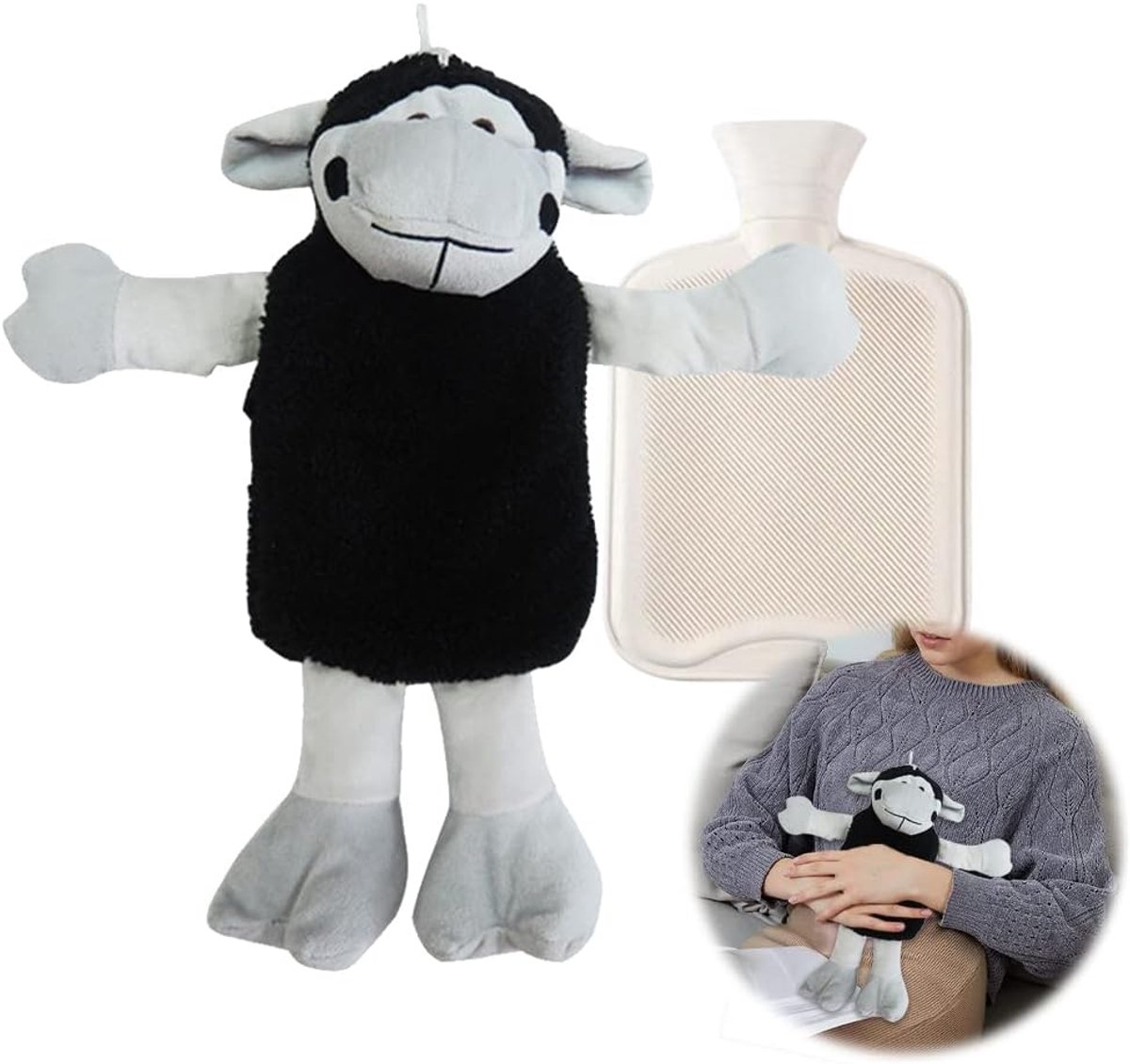 SnelShoppen - Warmwaterkruik Groot 1 Liter met Pluche Overtrek, Zachte Knuffeldier Warmwaterfles voor Kinderen, Rubber Warmtefles voor Bed en Camping