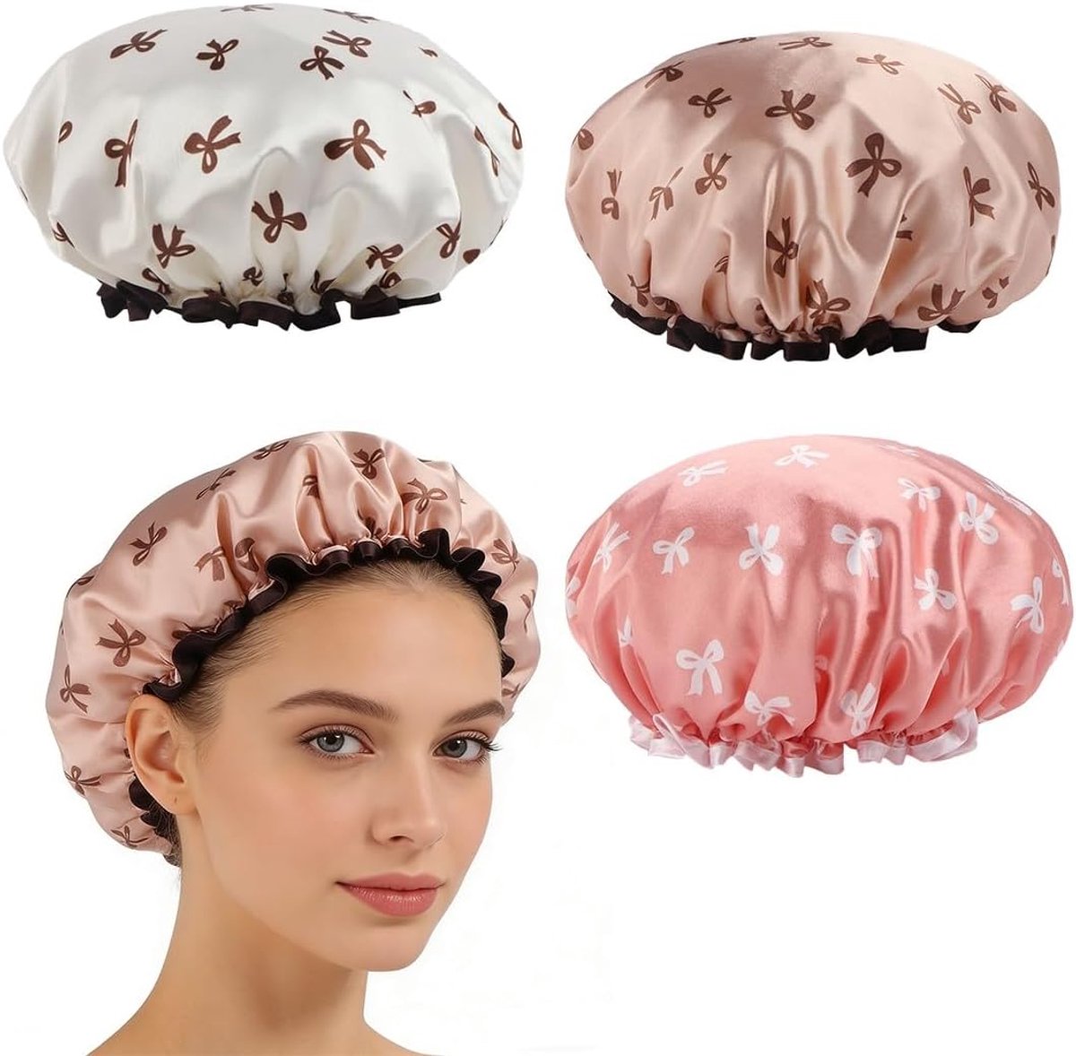SnelShoppen - Dames Douchekap Waterdicht Zwemcap met Elastische Band Herbruikbare Douchecap voor Dames Salon Spa Badkamer Huishouden Set van 3