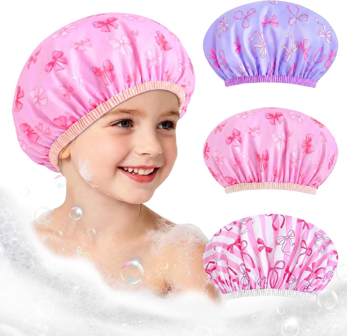 SnelShoppen - 3 stuks douchemuts, herbruikbare waterdichte douchekap voor dames met elastische band, grote badmuts voor thuis, spa en meer (strik)