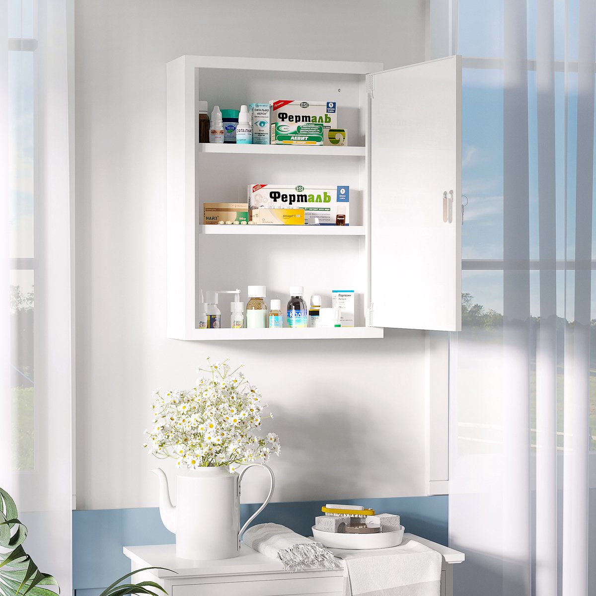 COVREO Medicijnkast 40 x 15 x 53,5 cm - afsluitbaar, wandmontage, staal, wit, 3 vakken