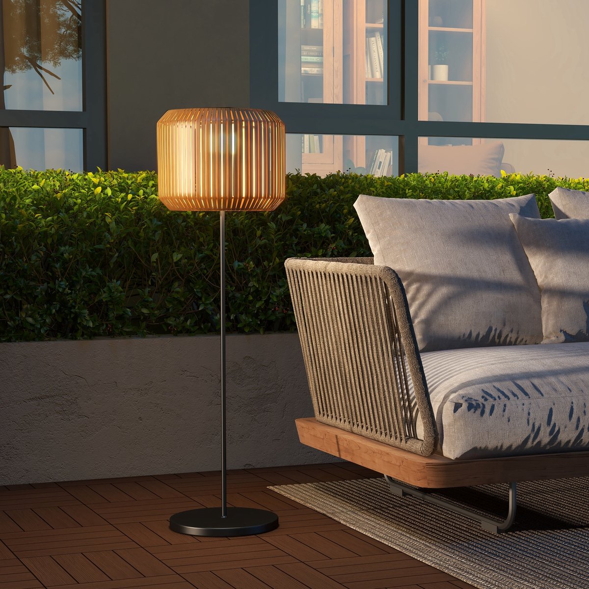 COVREO Solar weglamp Ø34 x 130 cm – geel, staal met polyrattan, warmwit licht met lichtsensor