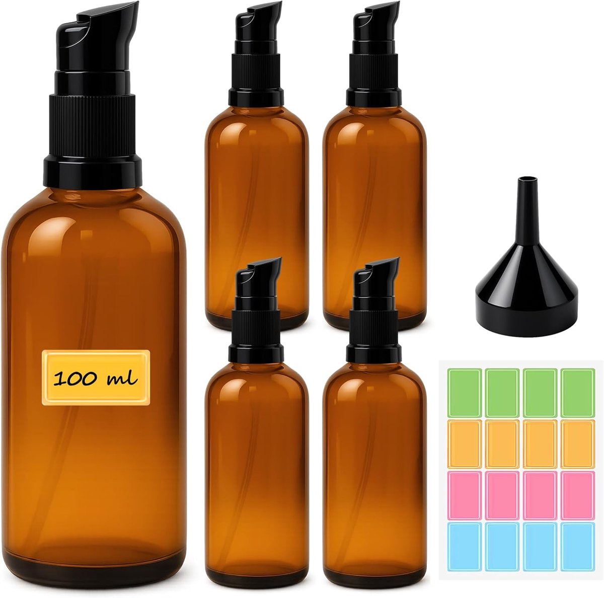 SnelShoppen - 5x Lege Bruine Glazen Flessen met Pomp - 100ml Amber Glazen Lotion Flessen met Trechter & Stickers - Herbruikbare Amber Glazen Flessen v