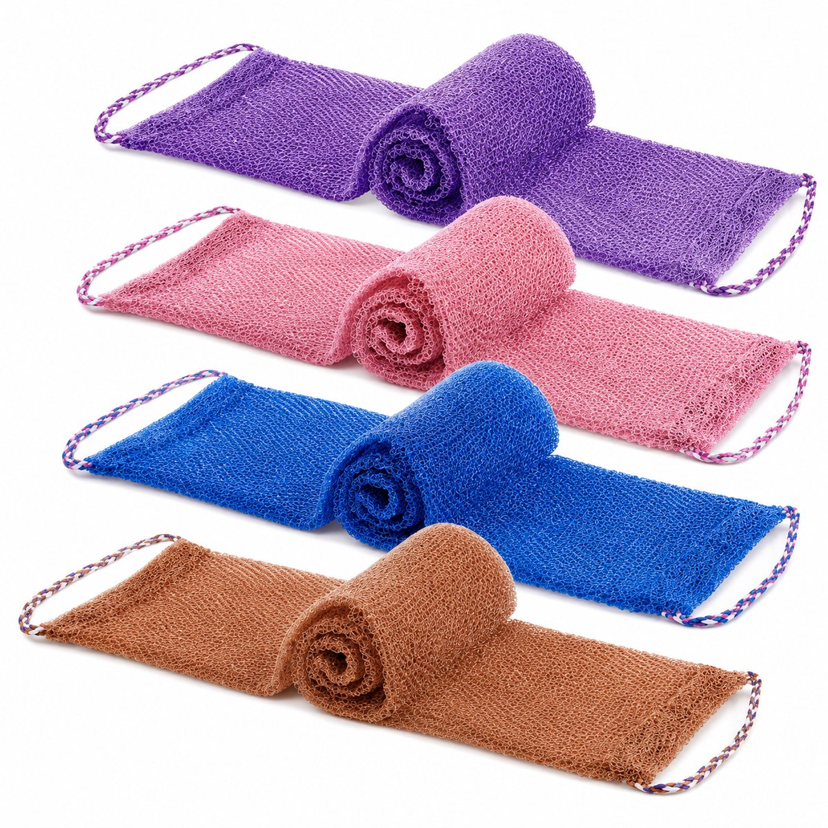 4x Afrikaanse Exfoliërende Netspons – Lange Douche Rug Scrubber met Handlussen – Multicolor